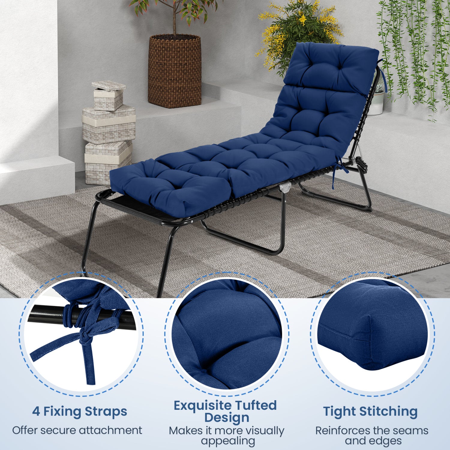 73"x22" Outdoor Lounge Chaise Cushion with High Back String Ties Set of 2-Navy