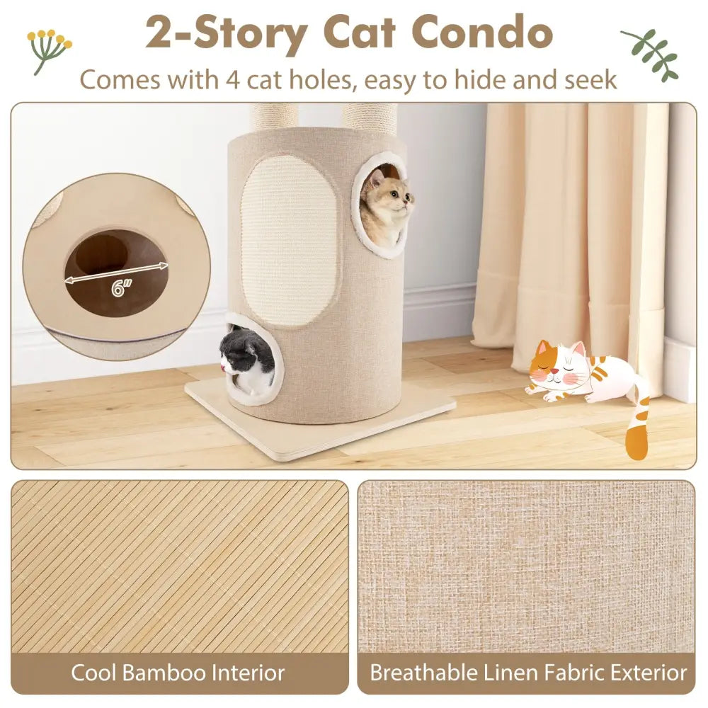 74 Inches Tall Wooden Cat Tower Tree with 2-Story Cat Condo and Washable Cushions-Natural - Natural - Cat Trees Condos