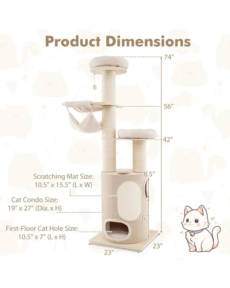 74 Inches Tall Wooden Cat Tower Tree with 2-Story Cat Condo and Washable Cushions-Natural - Natural - Cat Trees Condos