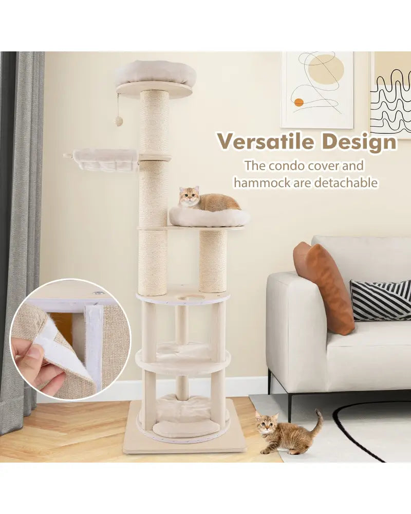 74 Inches Tall Wooden Cat Tower Tree with 2-Story Cat Condo and Washable Cushions-Natural - Natural - Cat Trees Condos