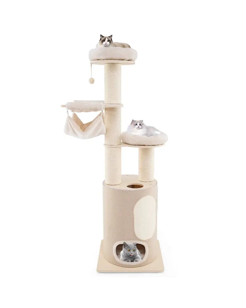 74 Inches Tall Wooden Cat Tower Tree with 2-Story Cat Condo and Washable Cushions-Natural - Natural - Cat Trees Condos