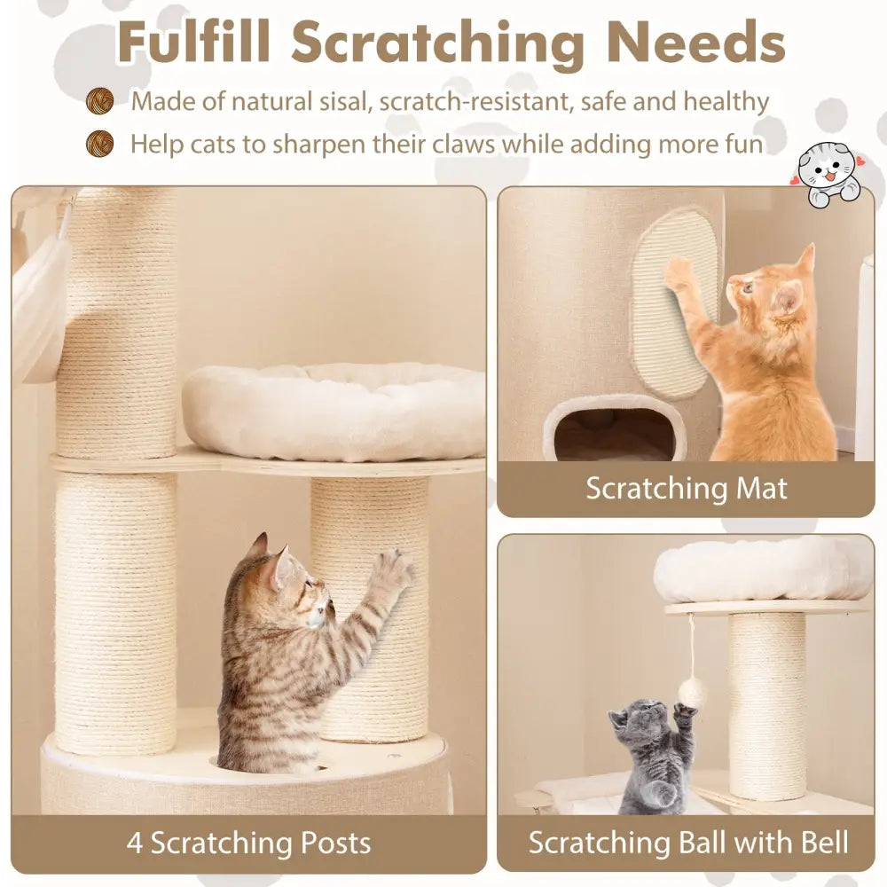 74 Inches Tall Wooden Cat Tower Tree with 2-Story Cat Condo and Washable Cushions-Natural - Natural - Cat Trees Condos
