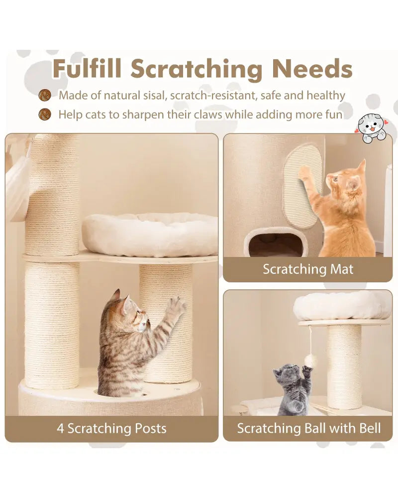 74 Inches Tall Wooden Cat Tower Tree with 2-Story Cat Condo and Washable Cushions-Natural - Natural - Cat Trees Condos