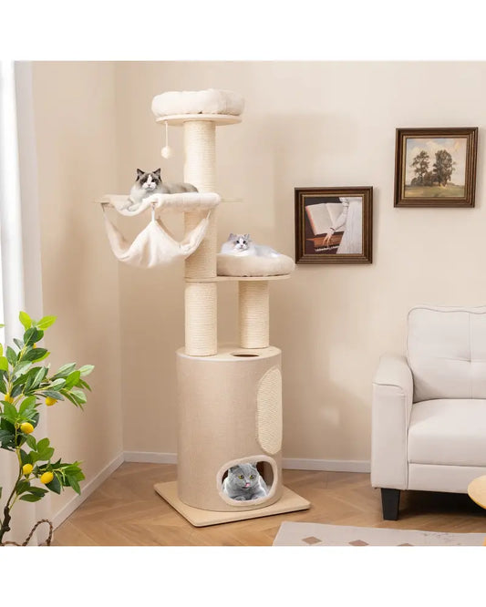 74 Inches Tall Wooden Cat Tower Tree with 2-Story Cat Condo and Washable Cushions-Natural - Natural - Cat Trees Condos