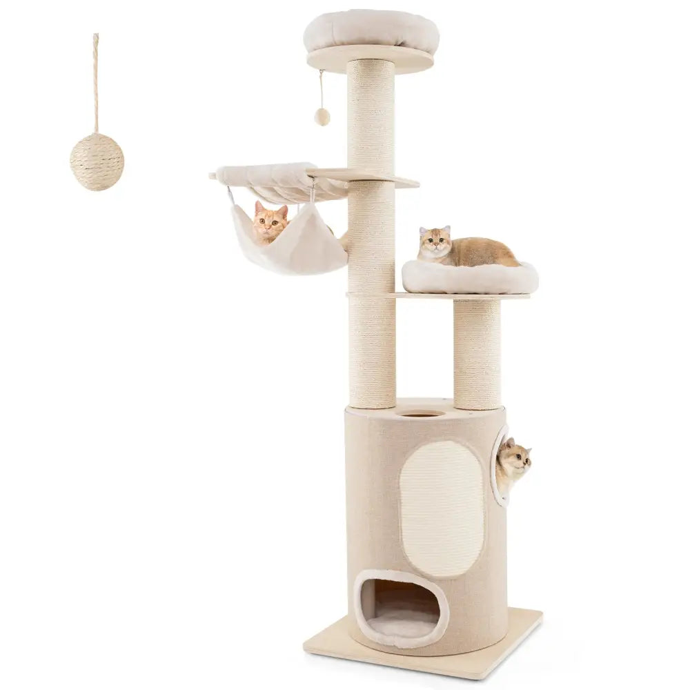 74 Inches Tall Wooden Cat Tower Tree with 2-Story Cat Condo and Washable Cushions-Natural - Natural - Cat Trees Condos