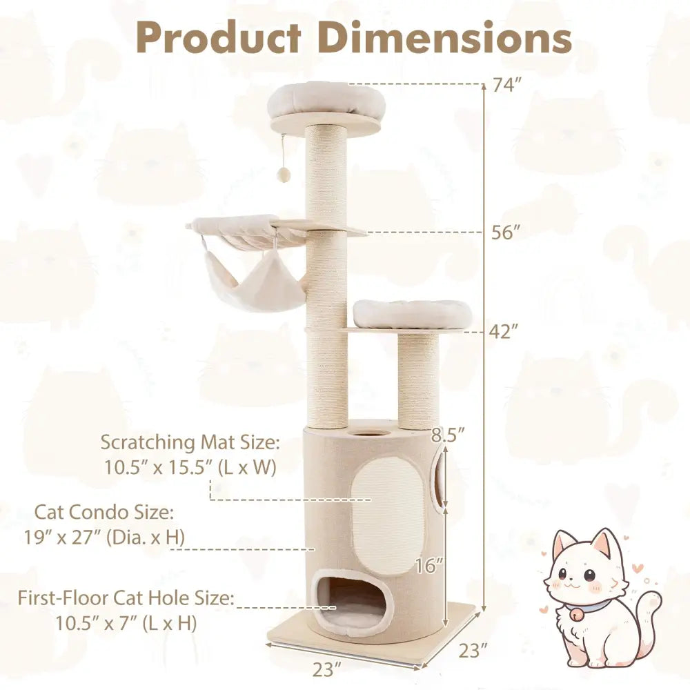 74 Inches Tall Wooden Cat Tower Tree with 2-Story Cat Condo and Washable Cushions-Natural - Natural - Cat Trees Condos