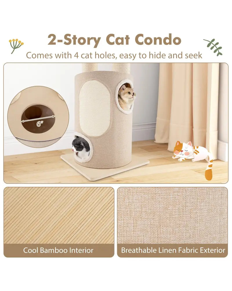 74 Inches Tall Wooden Cat Tower Tree with 2-Story Cat Condo and Washable Cushions-Natural - Natural - Cat Trees Condos