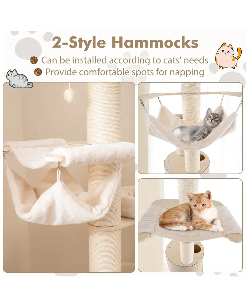 74 Inches Tall Wooden Cat Tower Tree with 2-Story Cat Condo and Washable Cushions-Natural - Natural - Cat Trees Condos