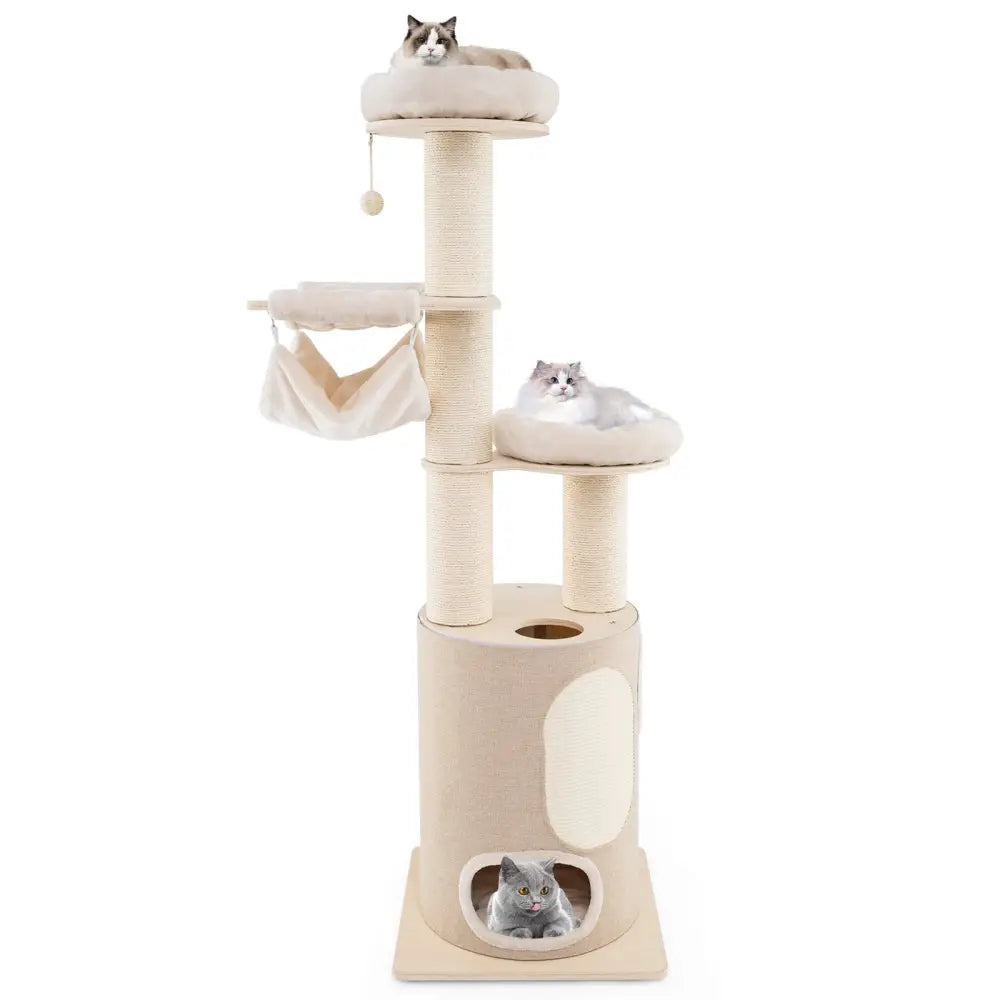 74 Inches Tall Wooden Cat Tower Tree with 2-Story Cat Condo and Washable Cushions-Natural - Natural - Cat Trees Condos