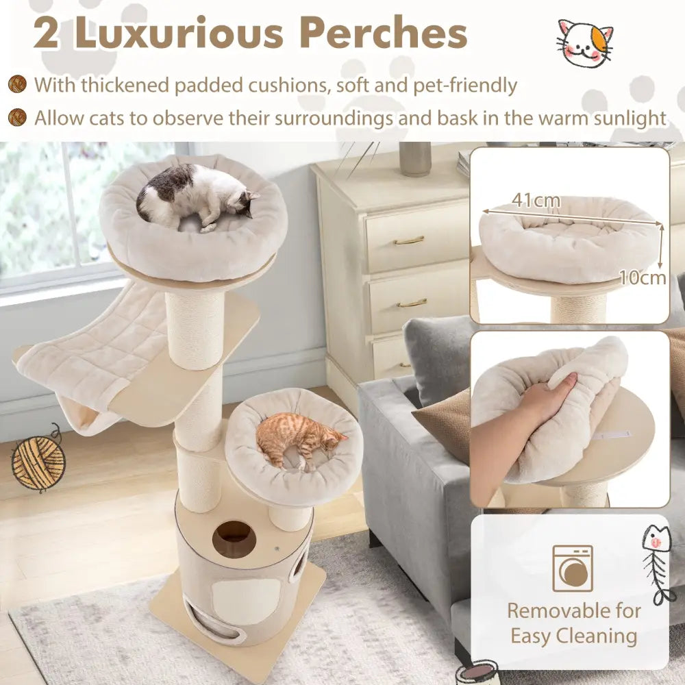 74 Inches Tall Wooden Cat Tower Tree with 2-Story Cat Condo and Washable Cushions-Natural - Natural - Cat Trees Condos