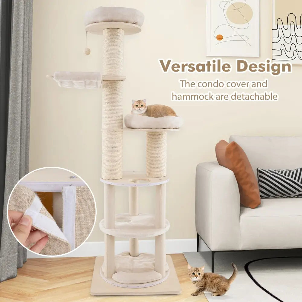 74 Inches Tall Wooden Cat Tower Tree with 2-Story Cat Condo and Washable Cushions-Natural - Natural - Cat Trees Condos