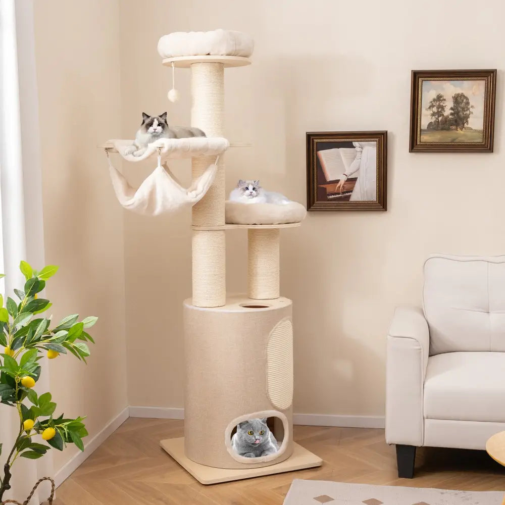 74 Inches Tall Wooden Cat Tower Tree with 2-Story Cat Condo and Washable Cushions-Natural - Natural - Cat Trees Condos