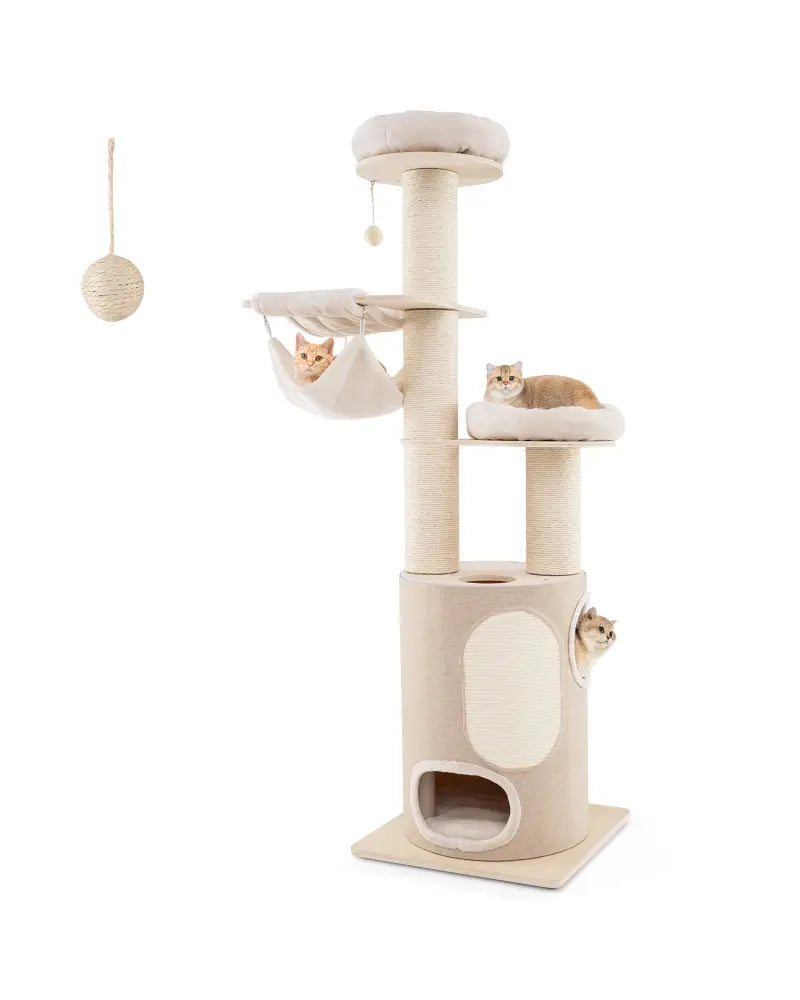 74 Inches Tall Wooden Cat Tower Tree with 2-Story Cat Condo and Washable Cushions-Natural - Natural - Cat Trees Condos