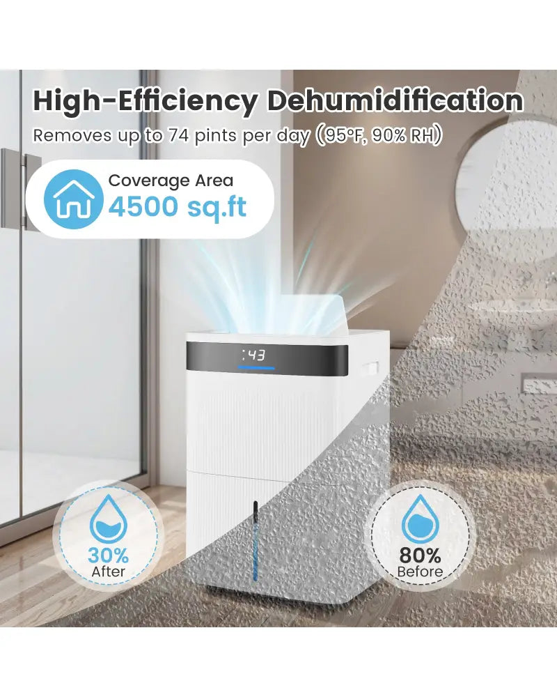 74 Pints Dehumidifier for Home 4500 Sq.Ft Dehumidifier-White - White - Dehumidifiers