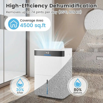 74 Pints Dehumidifier for Home 4500 Sq.Ft Dehumidifier-White Costway