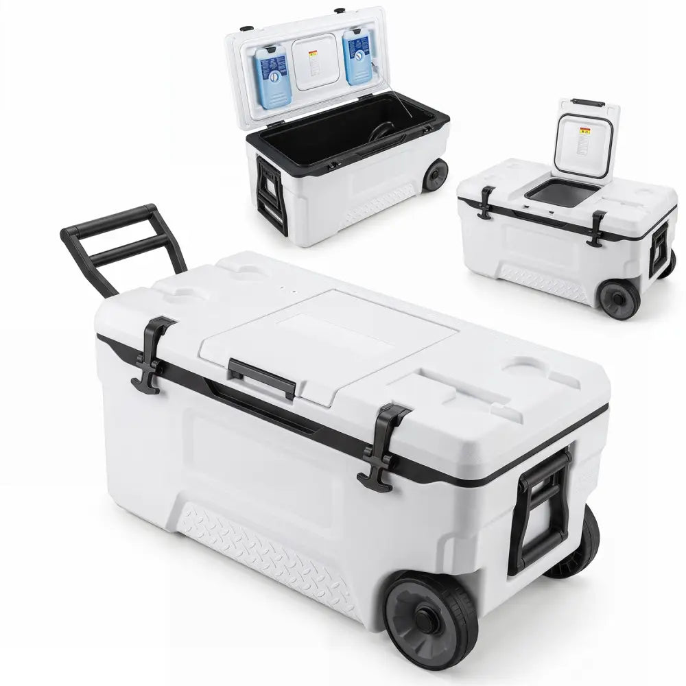 74 Quart Portable Rolling Cooler with Fish Ruler for Outdoor-White - White - Coolers