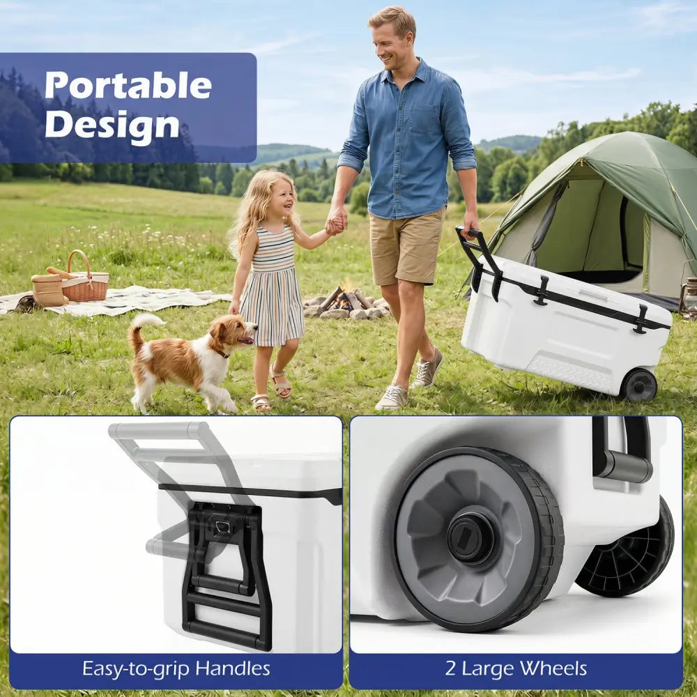 74 Quart Portable Rolling Cooler with Fish Ruler for Outdoor-White - White - Coolers