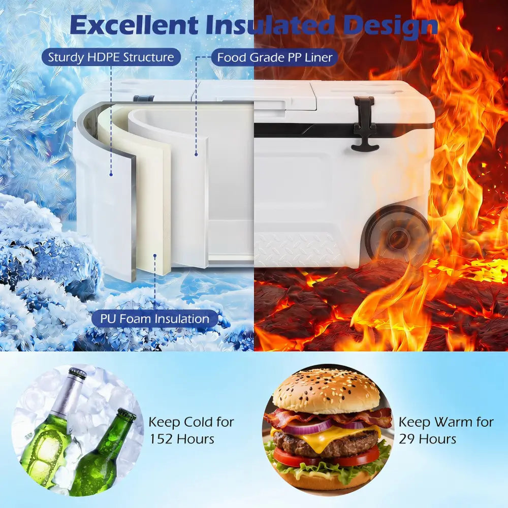 74 Quart Portable Rolling Cooler with Fish Ruler for Outdoor-White - White - Coolers