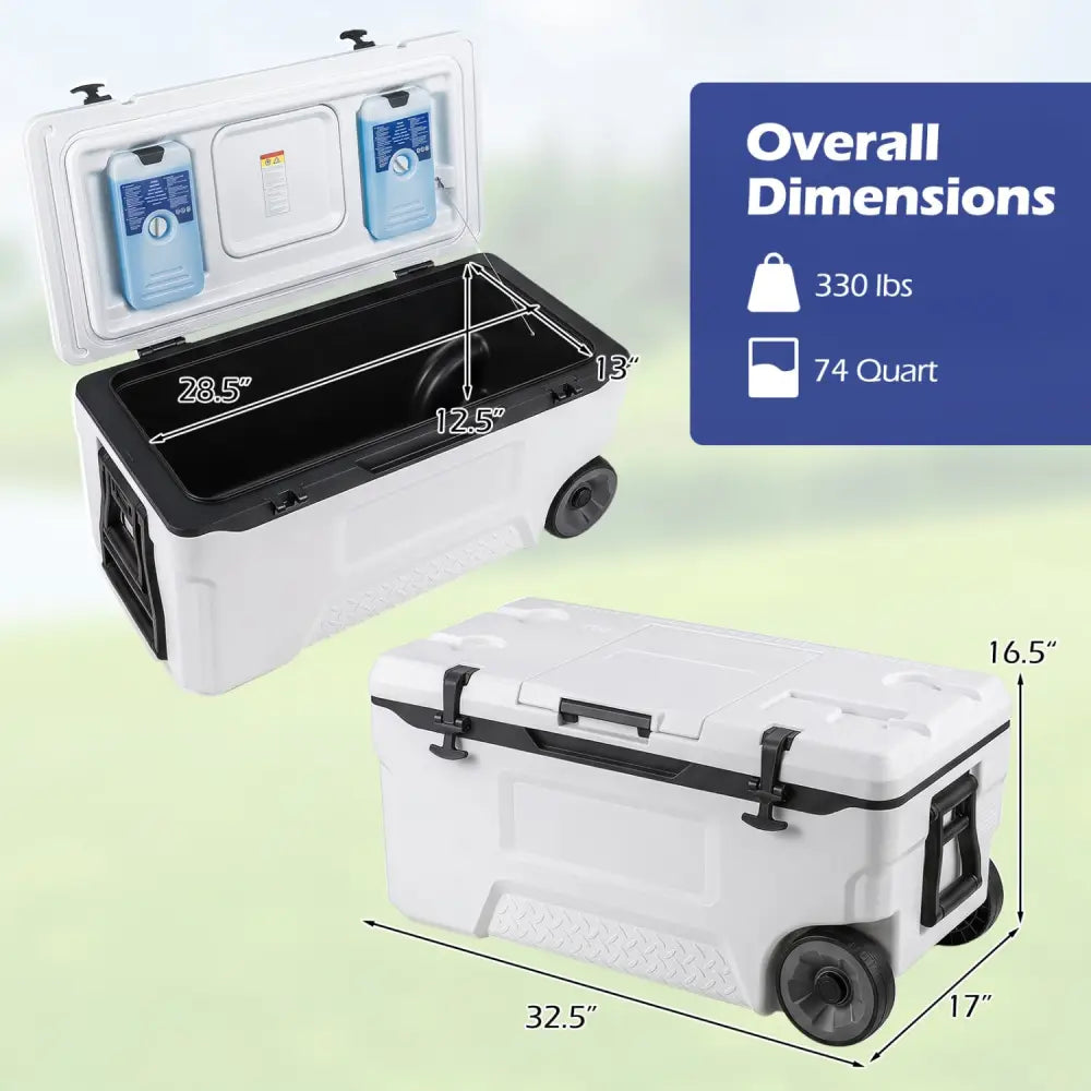 74 Quart Portable Rolling Cooler with Fish Ruler for Outdoor-White - White - Coolers