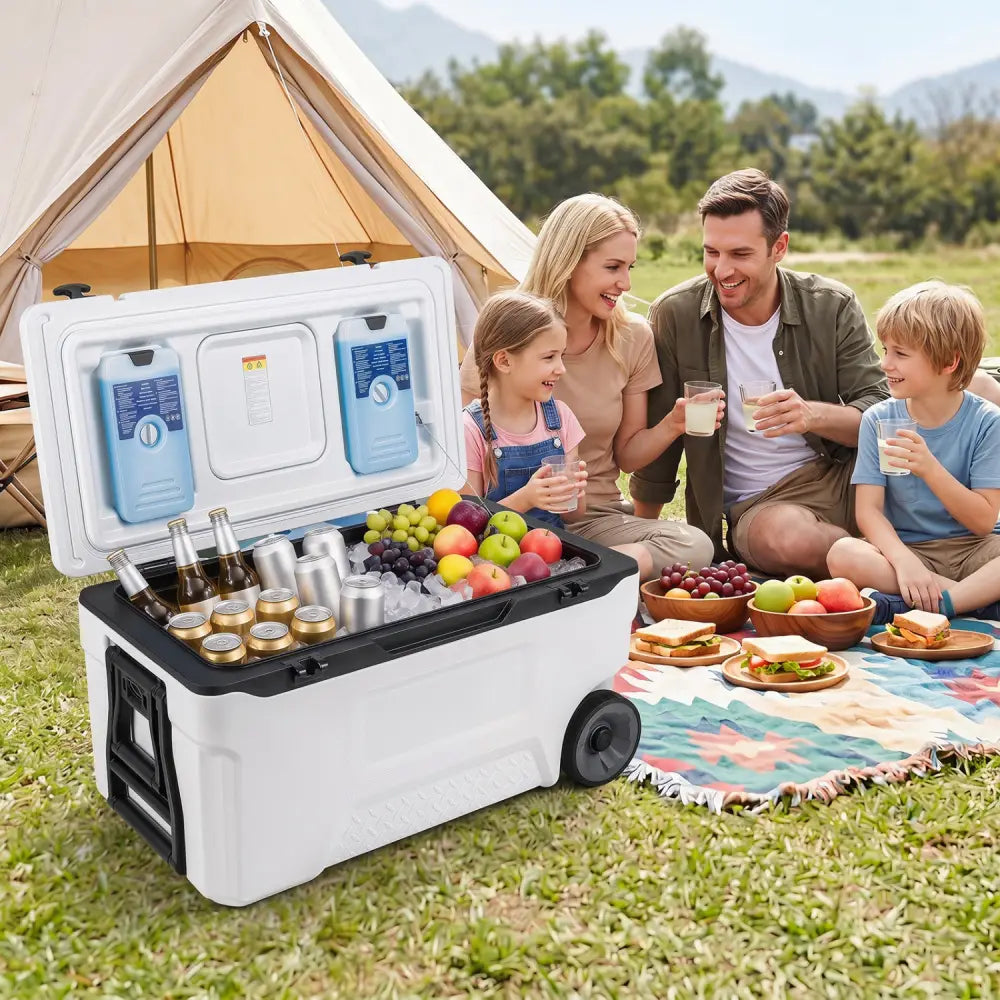 74 Quart Portable Rolling Cooler with Fish Ruler for Outdoor-White - White - Coolers