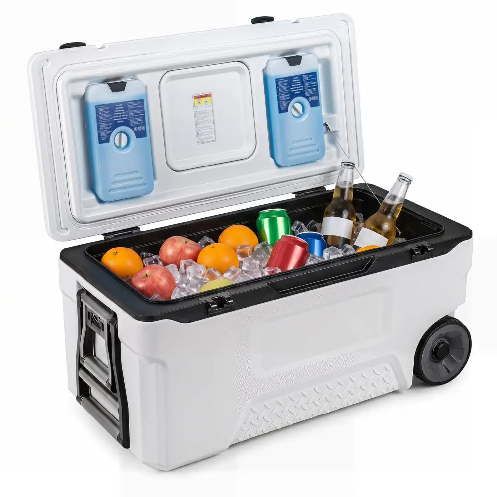 74 Quart Portable Rolling Cooler with Fish Ruler for Outdoor-White - White - Coolers