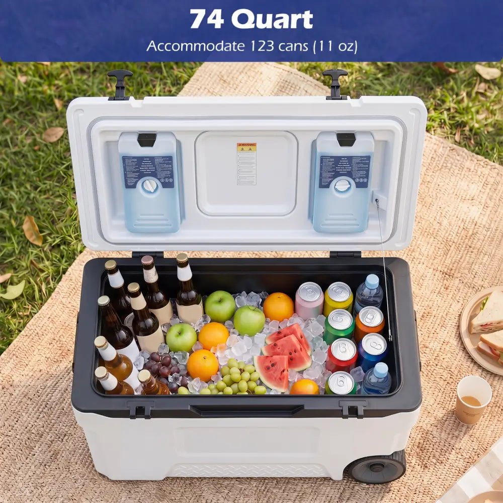 74 Quart Portable Rolling Cooler with Fish Ruler for Outdoor-White - White - Coolers