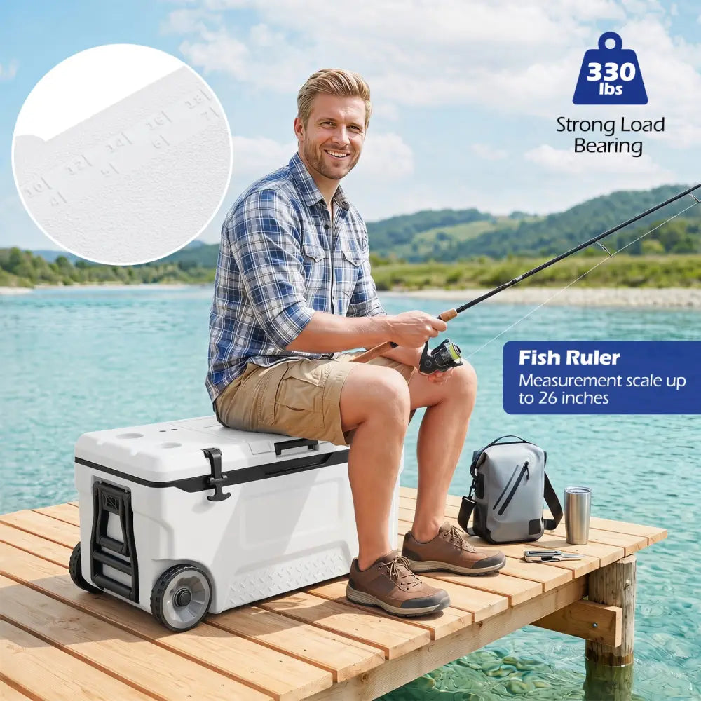74 Quart Portable Rolling Cooler with Fish Ruler for Outdoor-White - White - Coolers