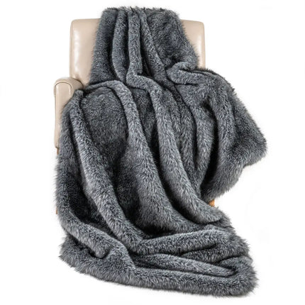 740GSM Soft Plush Fuzzy Luxury Faux Wolf Fur Blanket for Sofa-Gray - Gray - Bedding