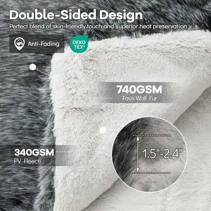 740GSM Soft Plush Fuzzy Luxury Faux Wolf Fur Blanket for Sofa-Gray - Gray - Bedding