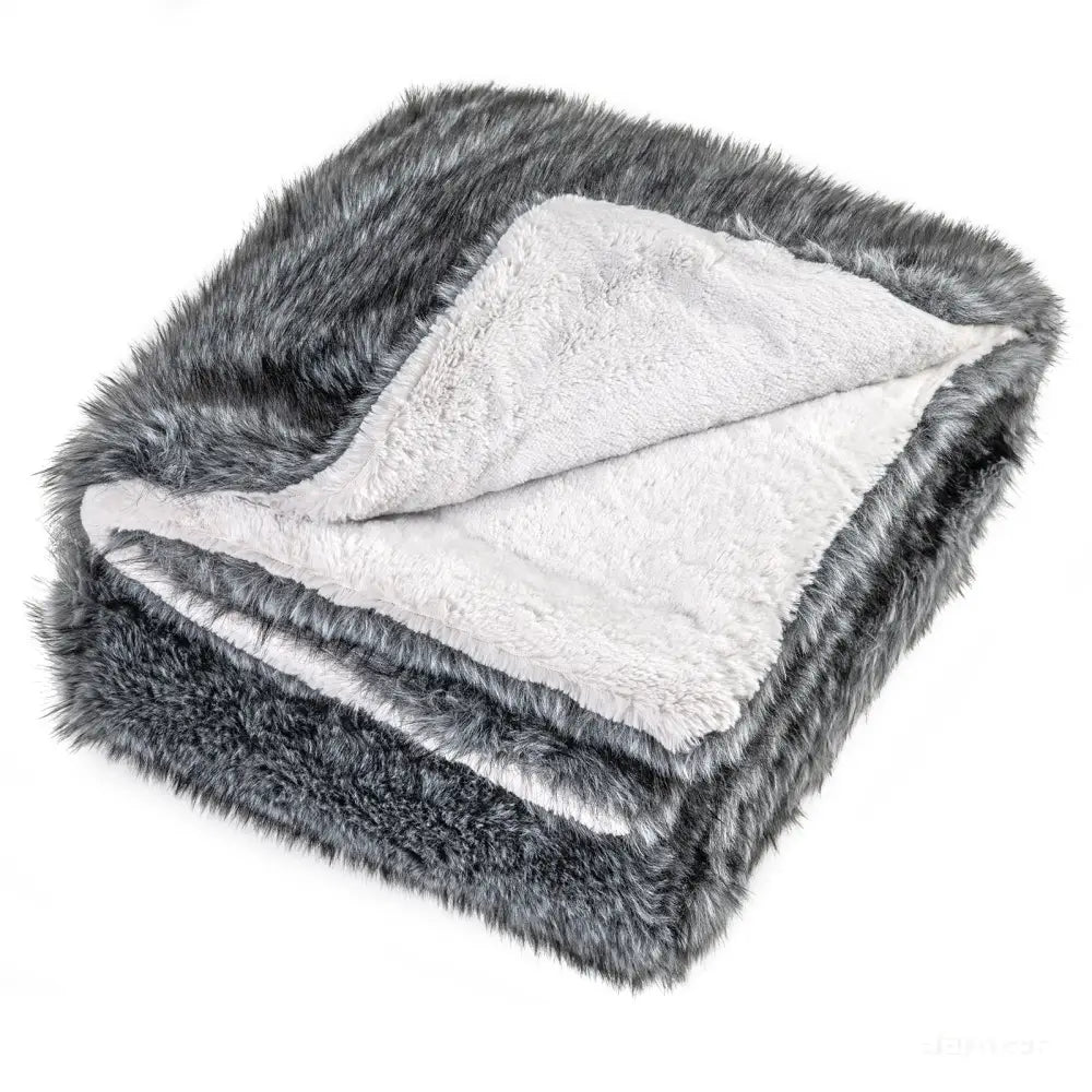 740GSM Soft Plush Fuzzy Luxury Faux Wolf Fur Blanket for Sofa-Gray - Gray - Bedding