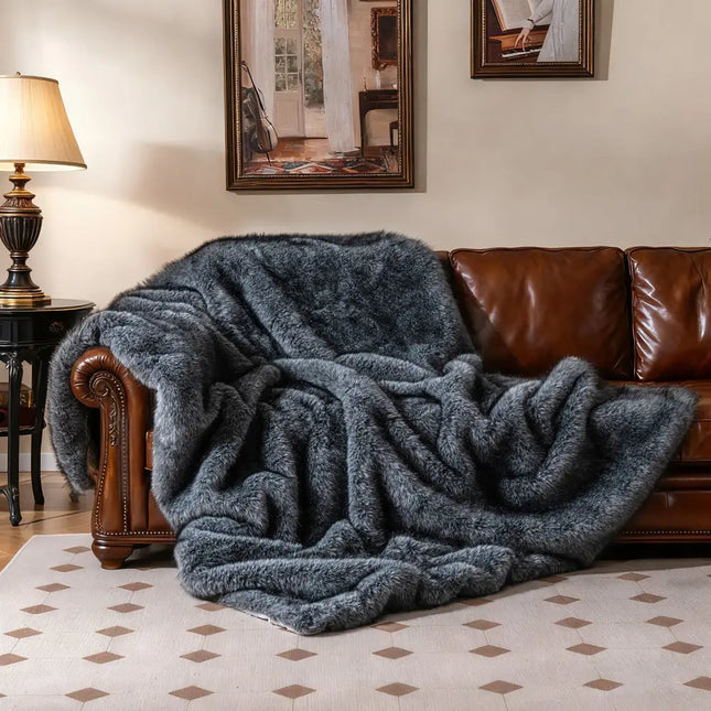 740GSM Soft Plush Fuzzy Luxury Faux Wolf Fur Blanket for Sofa-Gray - Gray - Bedding