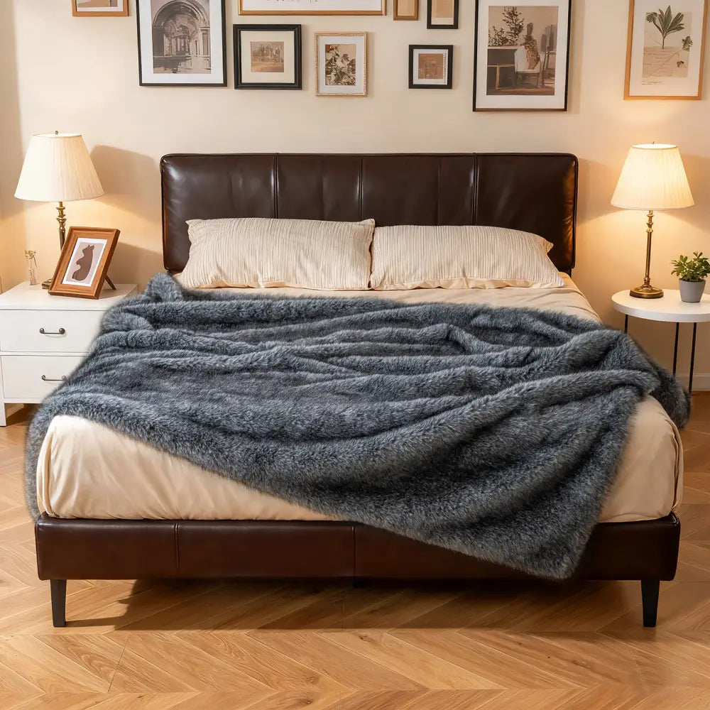 740GSM Soft Plush Fuzzy Luxury Faux Wolf Fur Blanket for Sofa-Gray - Gray - Bedding