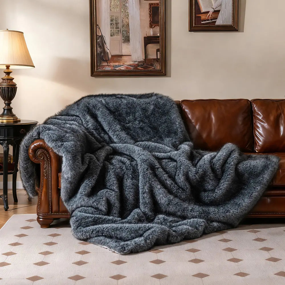 740GSM Soft Plush Fuzzy Luxury Faux Wolf Fur Blanket for Sofa-Gray - Gray - Bedding