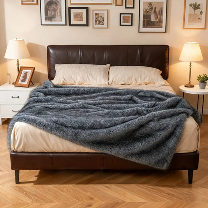 740GSM Soft Plush Fuzzy Luxury Faux Wolf Fur Blanket for Sofa-Gray - Gray - Bedding