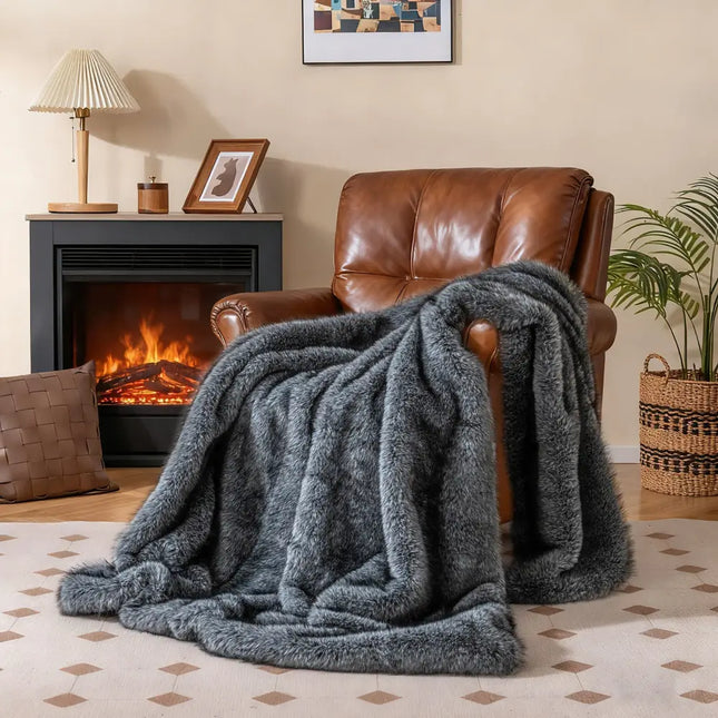 740GSM Soft Plush Fuzzy Luxury Faux Wolf Fur Blanket for Sofa-Gray - Gray - Bedding