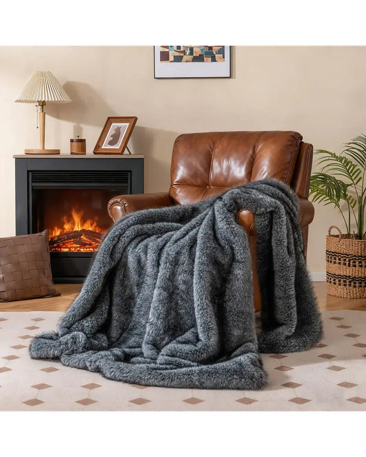 740GSM Soft Plush Fuzzy Luxury Faux Wolf Fur Blanket for Sofa-Gray - Gray - Bedding