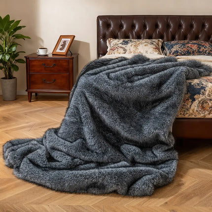 740GSM Soft Plush Fuzzy Luxury Faux Wolf Fur Blanket for Sofa-Gray - Gray - Bedding