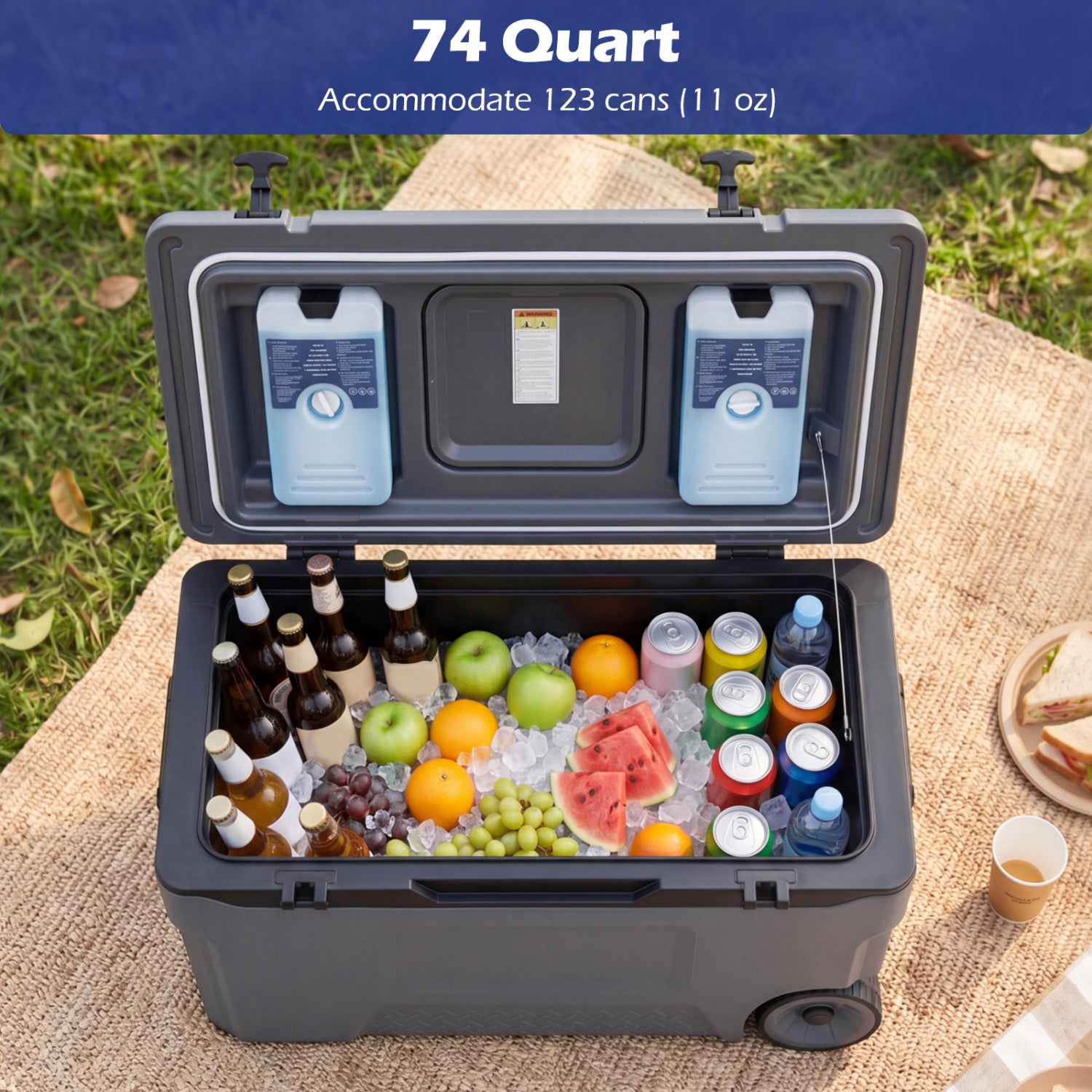 74 Quart Portable Rolling Cooler with Fish Ruler for Outdoor-Gray