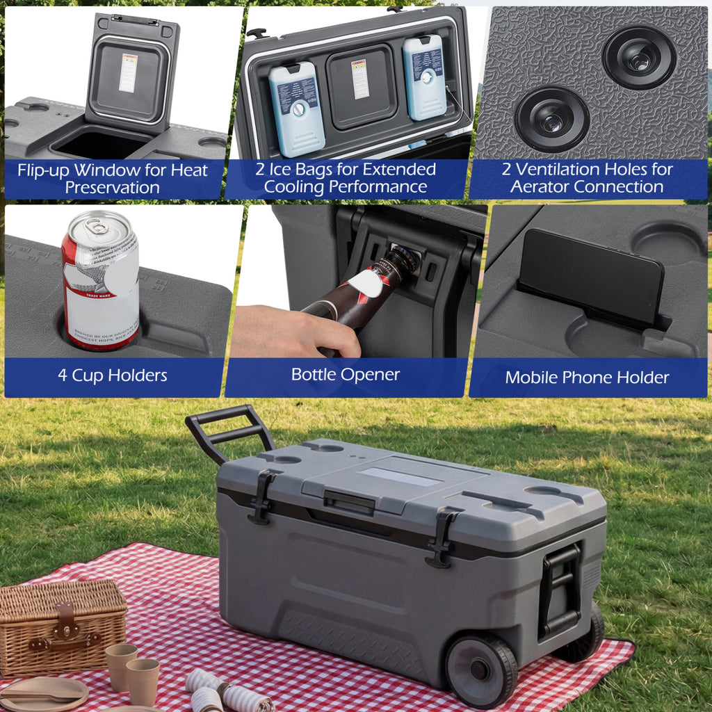 74 Quart Portable Rolling Cooler with Fish Ruler for Outdoor-Gray