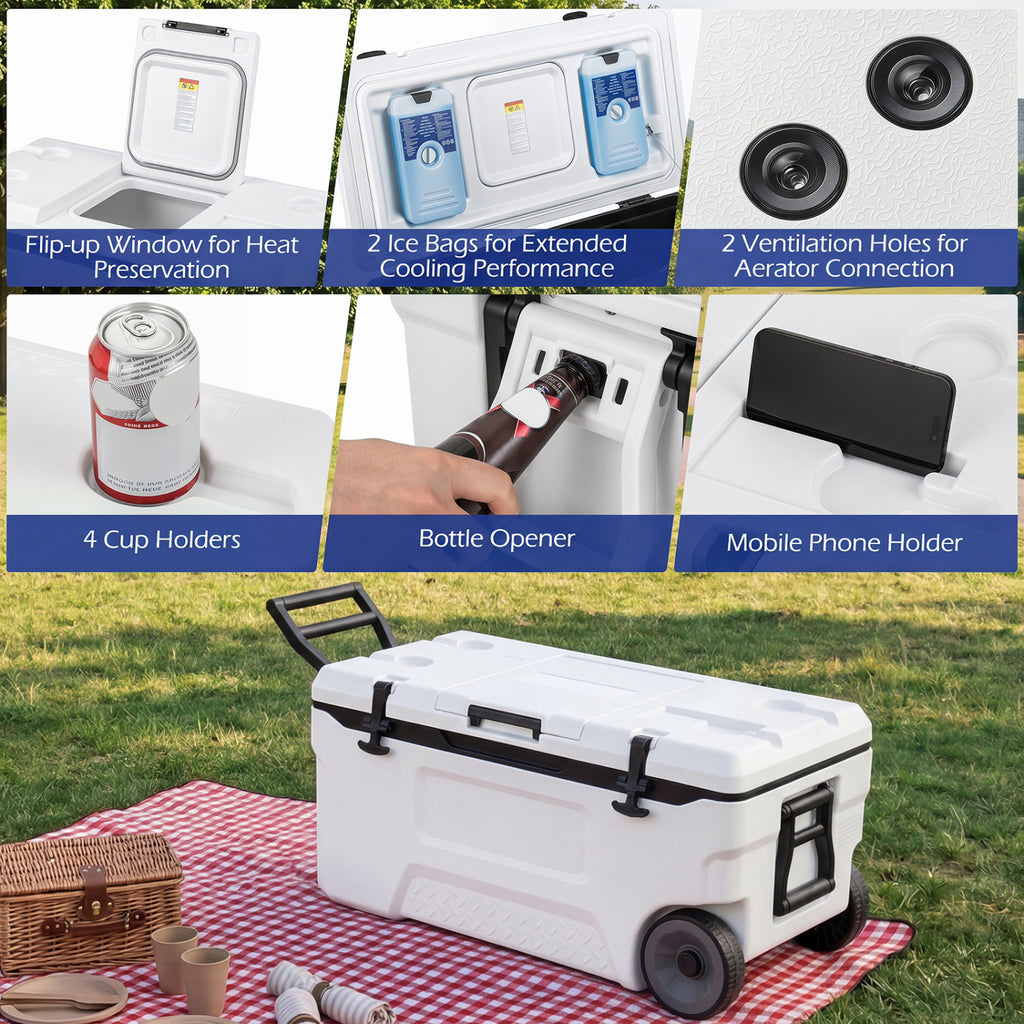 74 Quart Portable Rolling Cooler with Fish Ruler for Outdoor-White