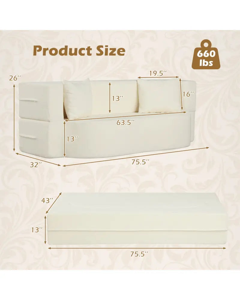 75.5 inch Folding Sofa Bed 2-in-1 Convertible Teddy Fleece Floor Loveseat with 2 Comfortable Pillows-Beige - Beige