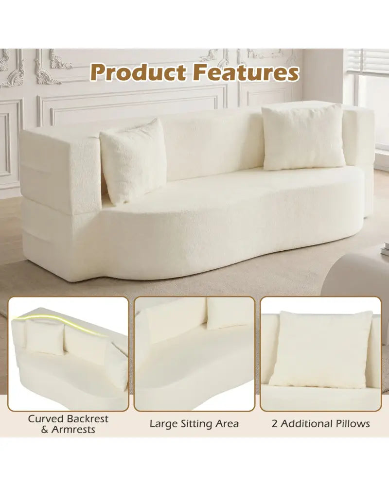 75.5 inch Folding Sofa Bed 2-in-1 Convertible Teddy Fleece Floor Loveseat with 2 Comfortable Pillows-Beige - Beige