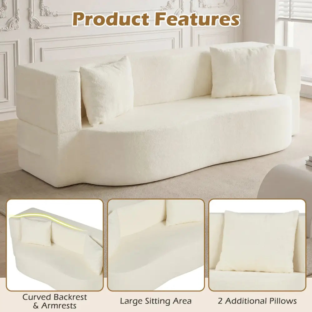 75.5 inch Folding Sofa Bed 2-in-1 Convertible Teddy Fleece Floor Loveseat with 2 Comfortable Pillows-Beige - Beige
