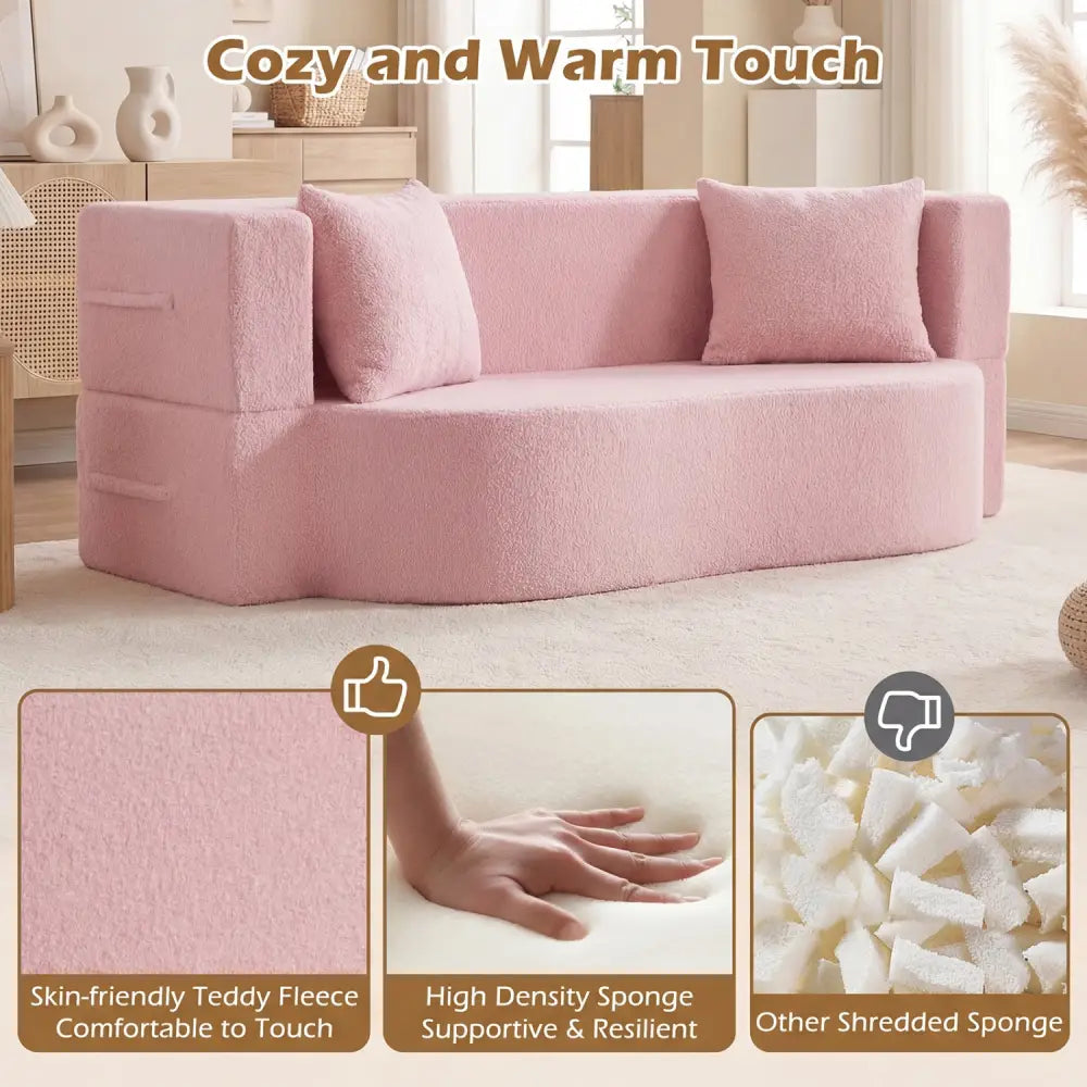 75.5 inch Folding Sofa Bed 2-in-1 Convertible Teddy Fleece Floor Loveseat with 2 Comfortable Pillows-Pink - Pink