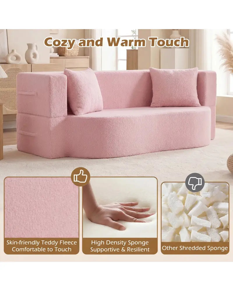 75.5 inch Folding Sofa Bed 2-in-1 Convertible Teddy Fleece Floor Loveseat with 2 Comfortable Pillows-Pink - Pink