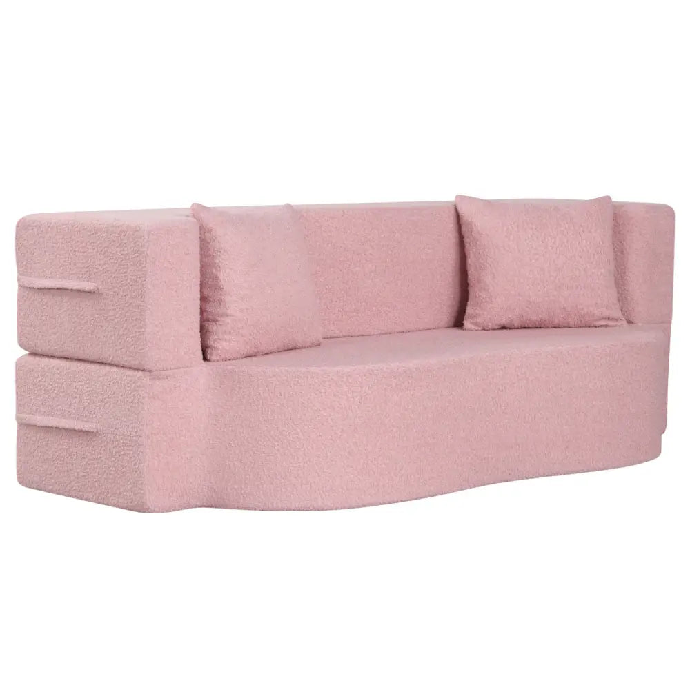 75.5 inch Folding Sofa Bed 2-in-1 Convertible Teddy Fleece Floor Loveseat with 2 Comfortable Pillows-Pink - Pink