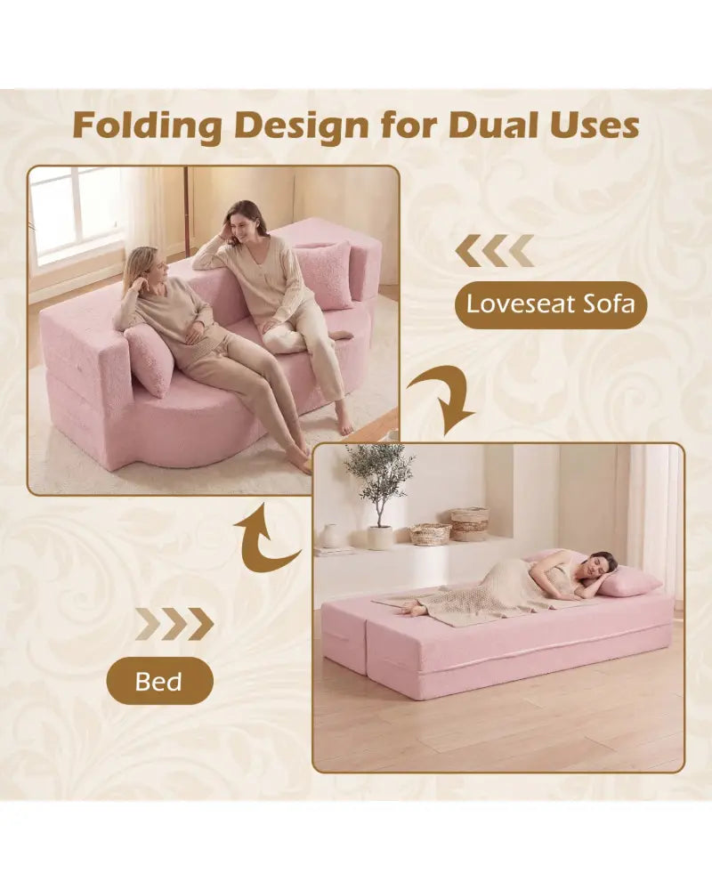 75.5 inch Folding Sofa Bed 2-in-1 Convertible Teddy Fleece Floor Loveseat with 2 Comfortable Pillows-Pink - Pink