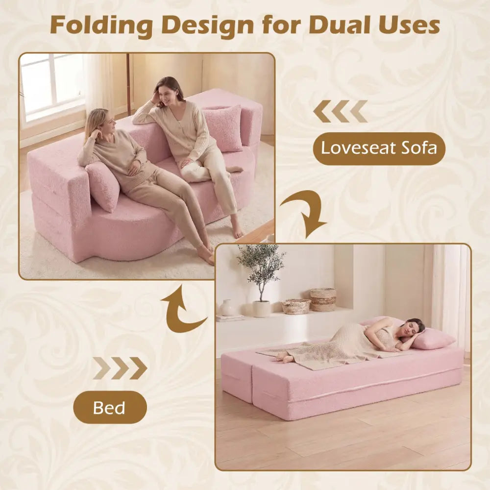 75.5 inch Folding Sofa Bed 2-in-1 Convertible Teddy Fleece Floor Loveseat with 2 Comfortable Pillows-Pink - Pink