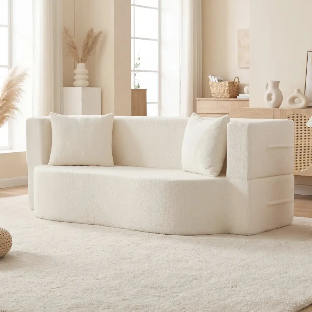 75.5 inch Folding Sofa Bed 2-in-1 Convertible Teddy Fleece Floor Loveseat with 2 Comfortable Pillows-Beige - Beige