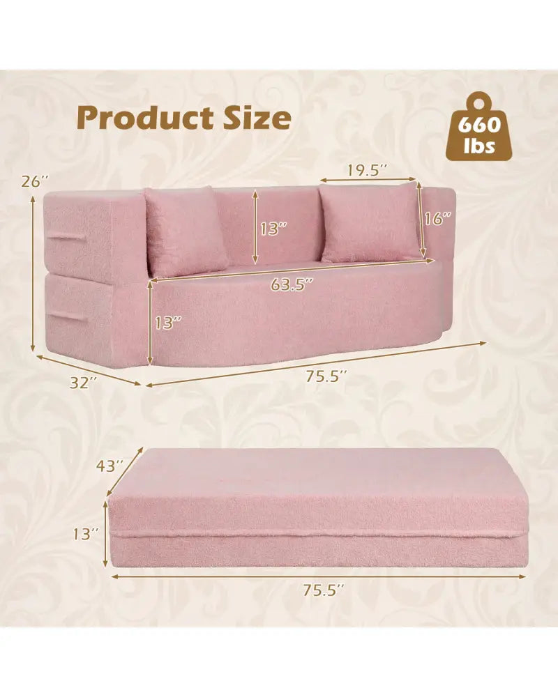 75.5 inch Folding Sofa Bed 2-in-1 Convertible Teddy Fleece Floor Loveseat with 2 Comfortable Pillows-Pink - Pink
